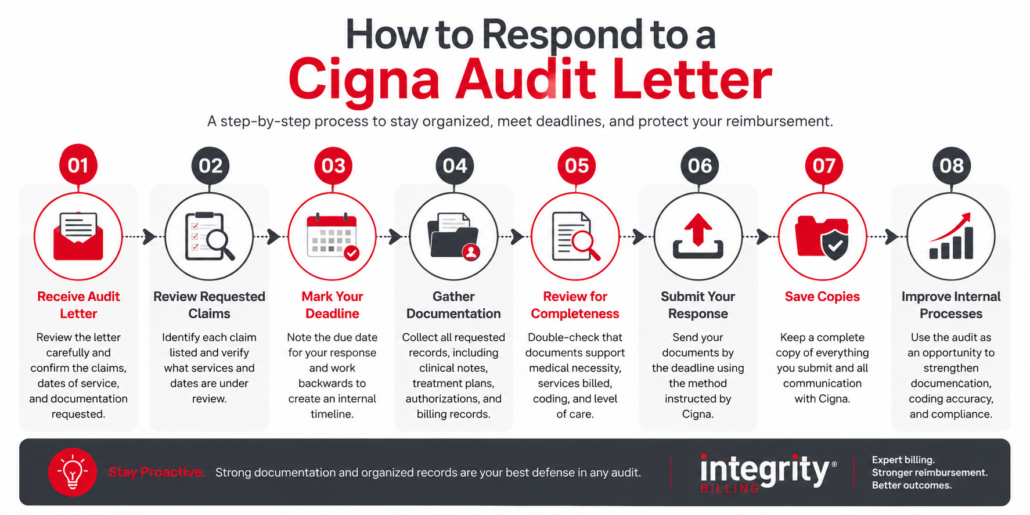 Infographic showing the eight-step process for responding to a Cigna audit letter, from reviewing the request and gathering documentation to submitting records and improving compliance processes.
