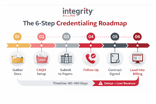 Horizontal infographic titled “The 6-Step Credentialing Roadmap” by Integrity Billing showing six stages in the insurance credentialing process: Gather Documents, CAQH Setup, Submit to Payers, Follow Up, Contract Signed, and Load Into Billing. The timeline highlights a 90–180 day process and notes that delays can result in lost revenue.