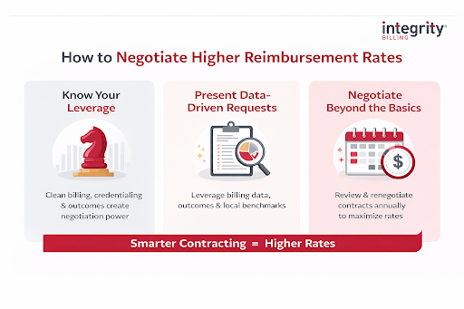 Horizontal infographic by Integrity Billing titled “How to Negotiate Higher Reimbursement Rates” featuring three panels: Know Your Leverage, Present Data-Driven Requests, and Negotiate Beyond the Basics. The graphic highlights clean billing, credentialing, outcomes data, and annual contract review as key strategies for securing higher reimbursement rates, with the message “Smarter Contracting = Higher Rates” at the bottom.