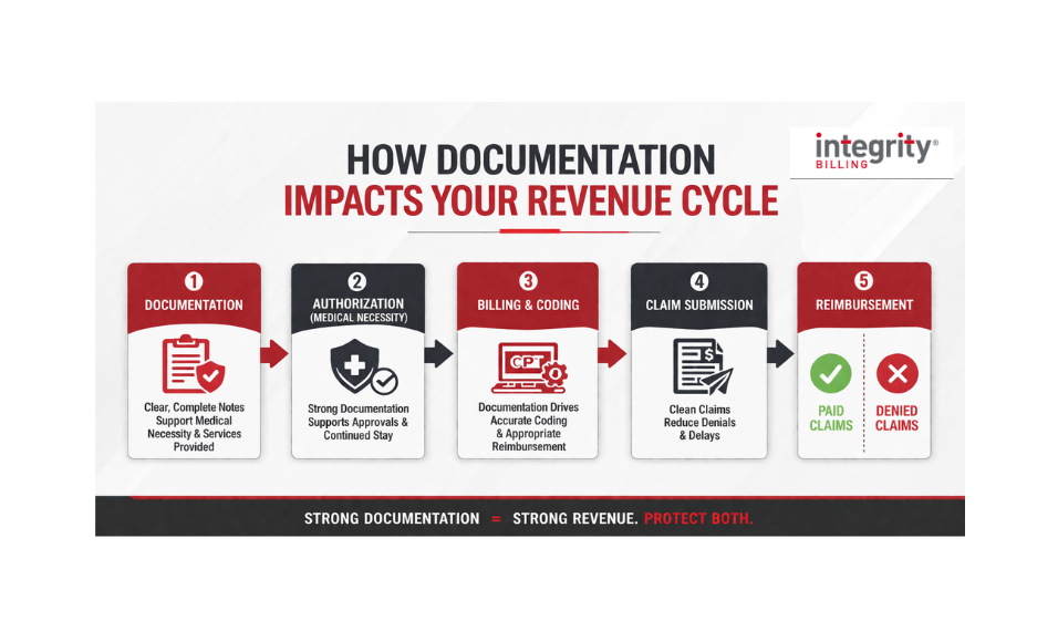 how documentation impacts the behavioral health revenue cycle, including steps for documentation, authorization, billing and coding, claim submission, and reimbursement or denial outcomes.