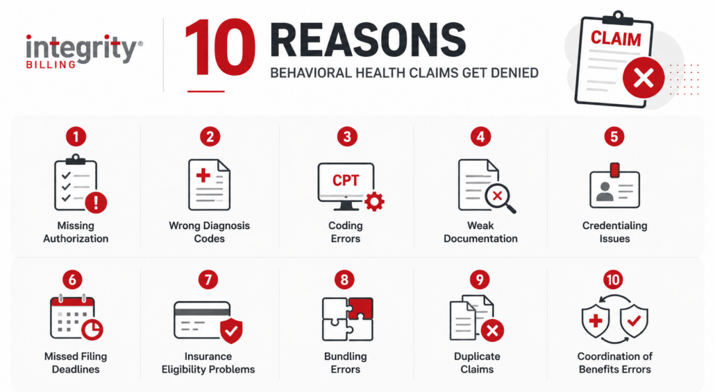Horizontal infographic titled “10 Reasons Behavioral Health Claims Get Denied” using Integrity Billing’s red, gray, and white brand colors. The graphic features 10 minimalist icon boxes listing common denial causes including missing authorization, wrong diagnosis codes, coding errors, weak documentation, credentialing issues, missed filing deadlines, insurance eligibility problems, bundling errors, duplicate claims, and coordination of benefits errors.