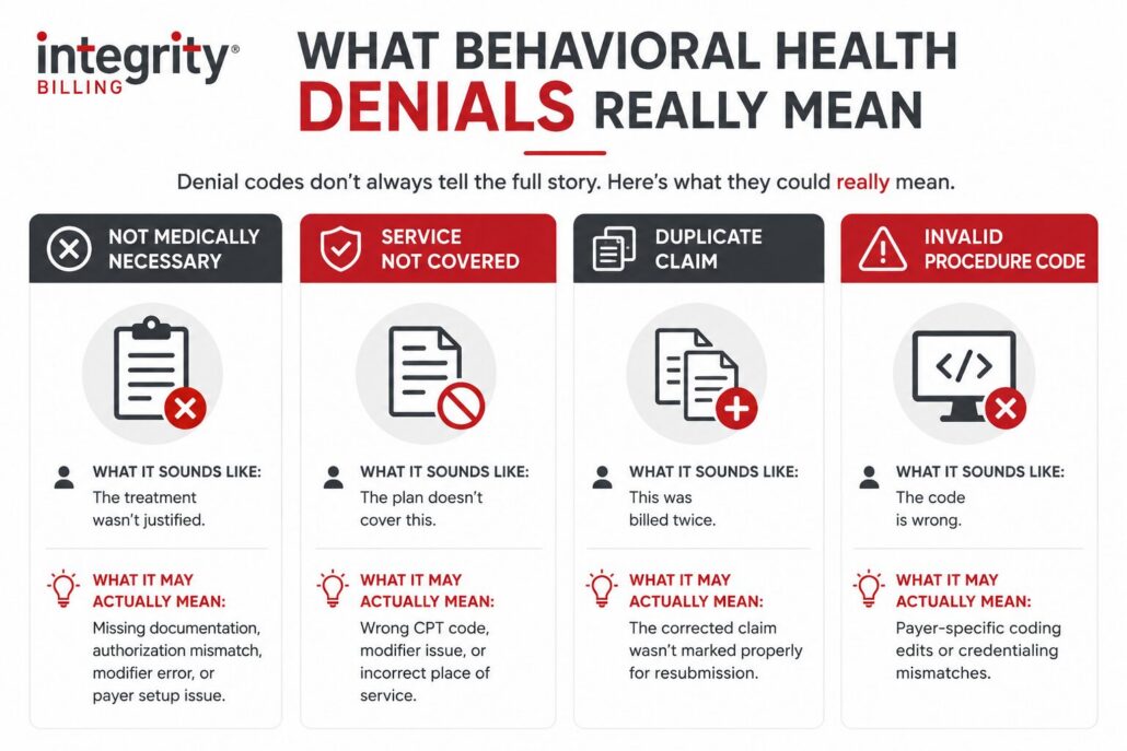Clean infographic from Integrity Billing explaining what behavioral health denial codes can actually mean. The graphic breaks down four common denials — not medically necessary, service not covered, duplicate claim, and invalid procedure code — and explains the underlying billing, authorization, documentation, or coding issues that may be causing them.