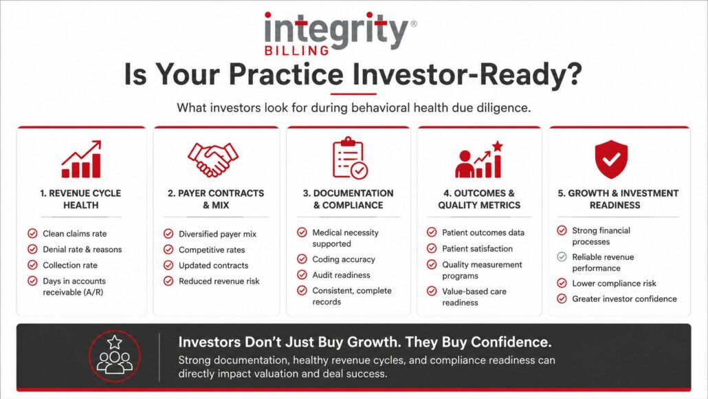 highlighting five key areas investors review during behavioral health due diligence, including revenue cycle health, payer contracts, documentation and compliance, outcomes data, and overall investment readiness.